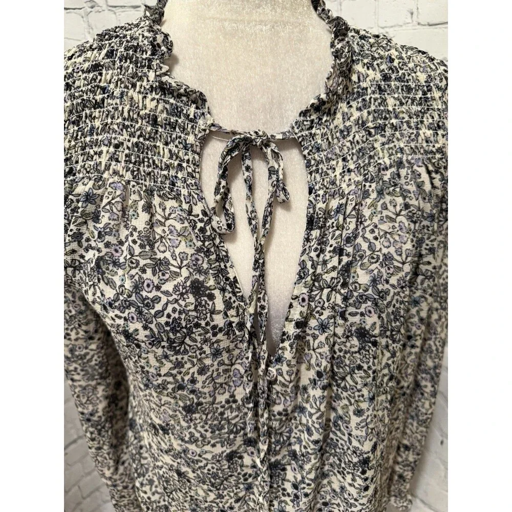 Free People Long Sleeve Floral Smocked Blouse Blue Size XS